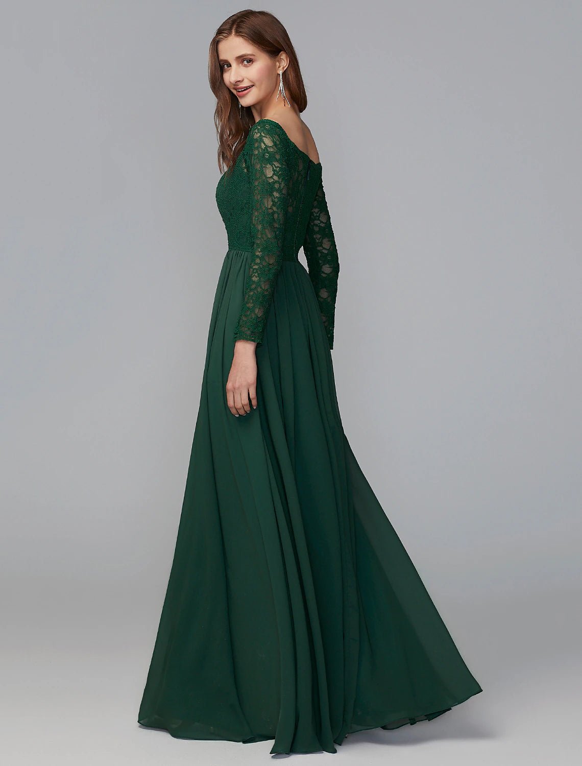 Wholesale A-Line Bridesmaid Dress Off Shoulder Long Sleeve Elegant Floor Length Chiffon / Lace with Lace